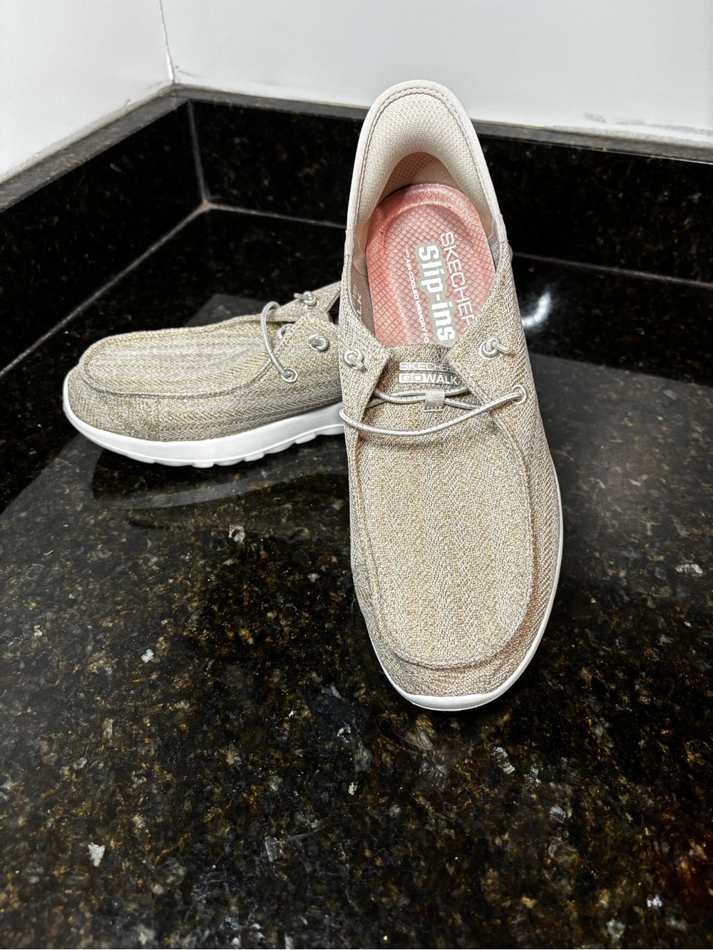 SKECHERS GOWALK Slip Ins Women’s Casual Loafers in Sparkly Gold/Light Beige